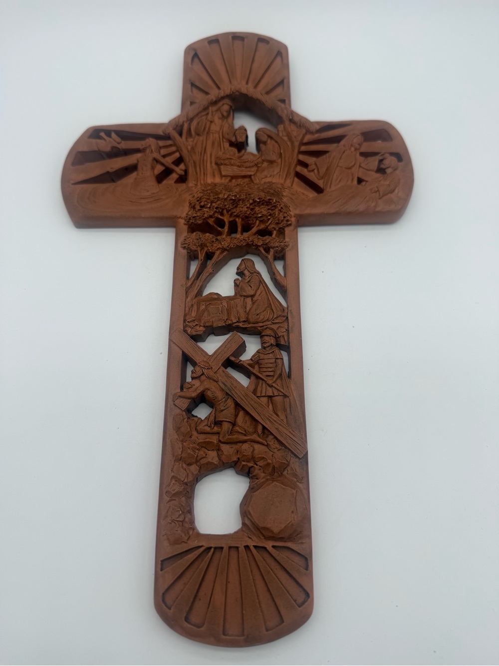 Dicksons Carved Details Woodgrain Resin Cross Life Story of Christ 12”x7” Wall